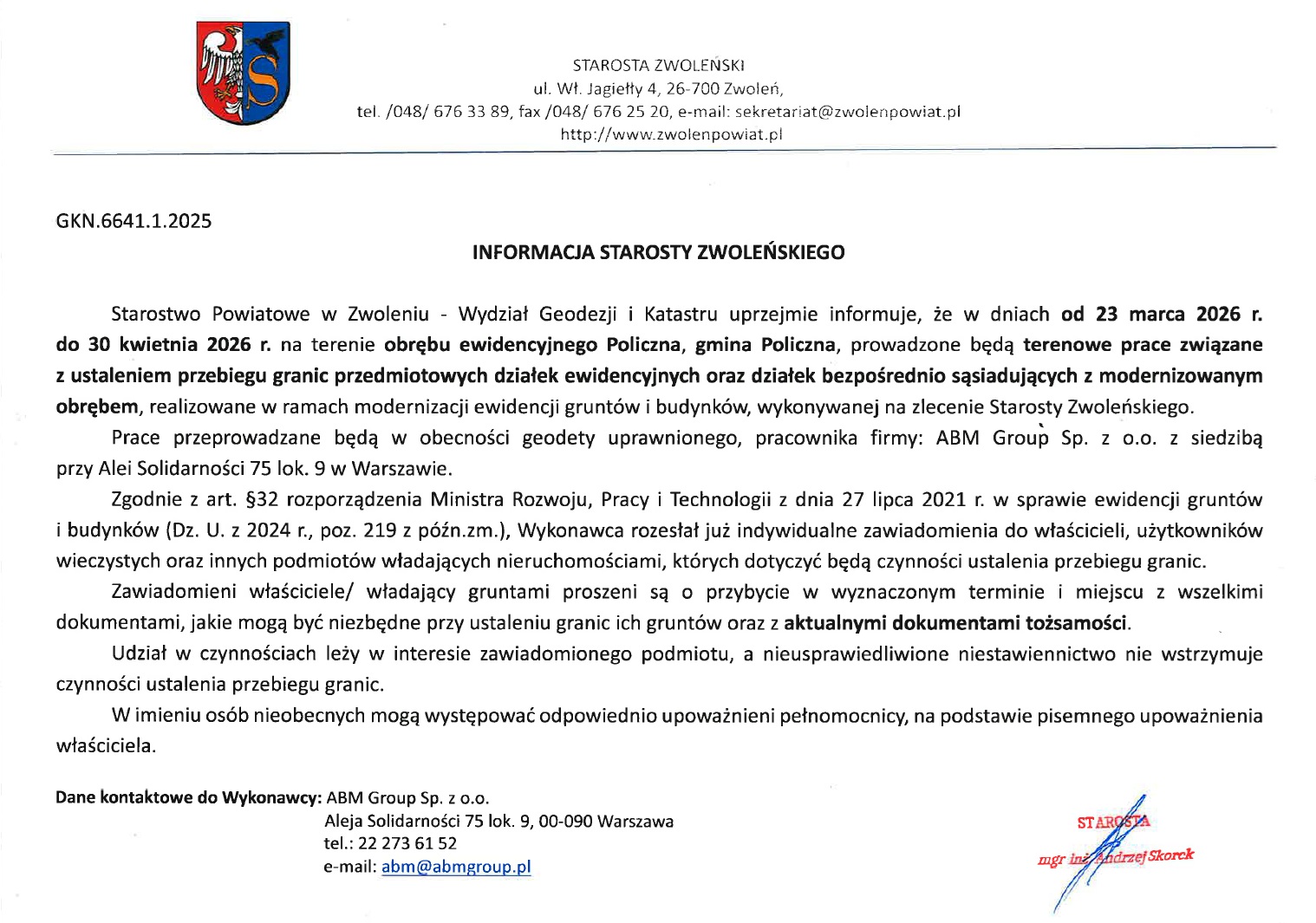 Grafika przedstawia informację starosty zwoleńskiego