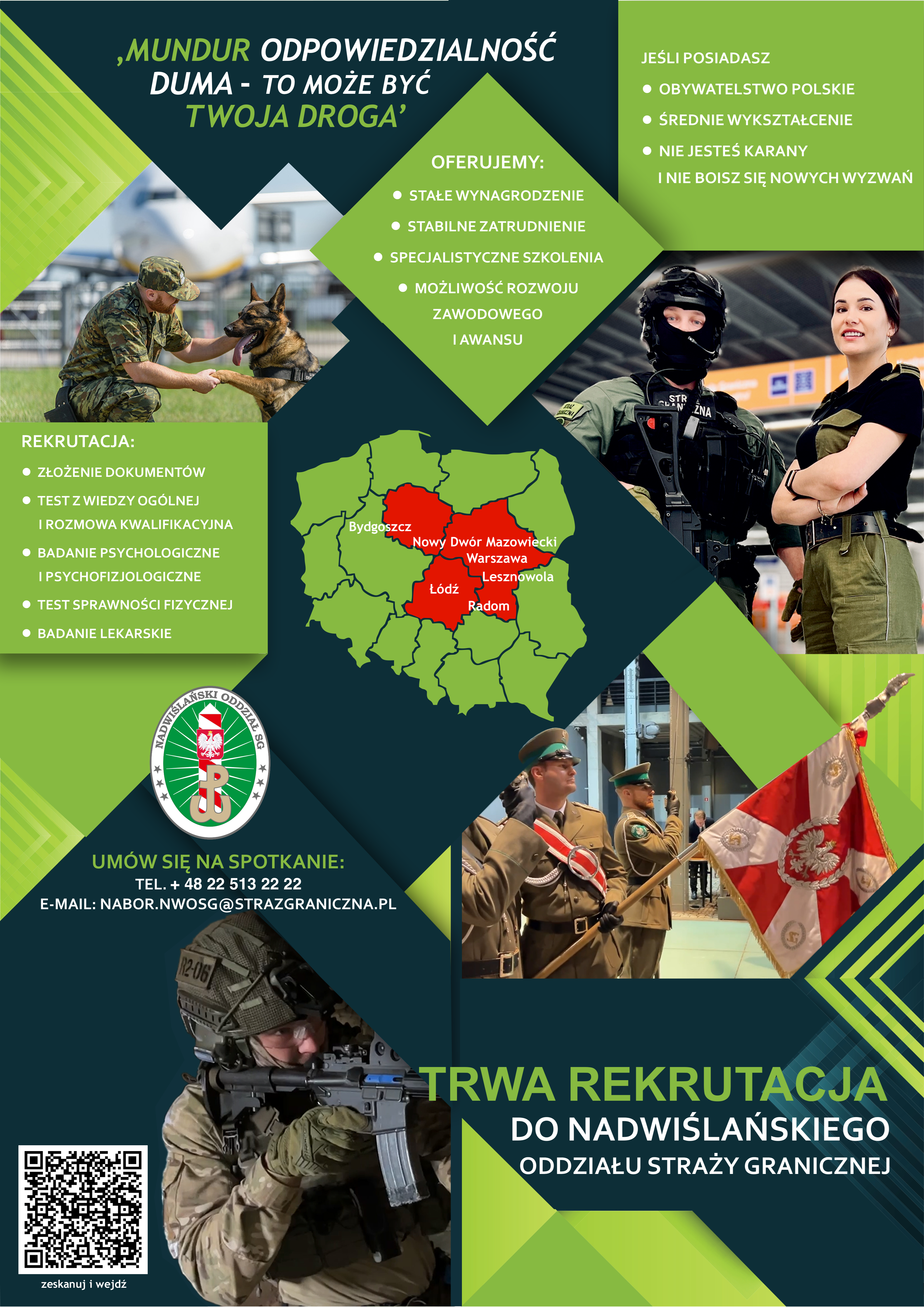 Plakat przedstawia informację, o rekrutacji do Nadwiślańskiego oddziału straży granicznej.