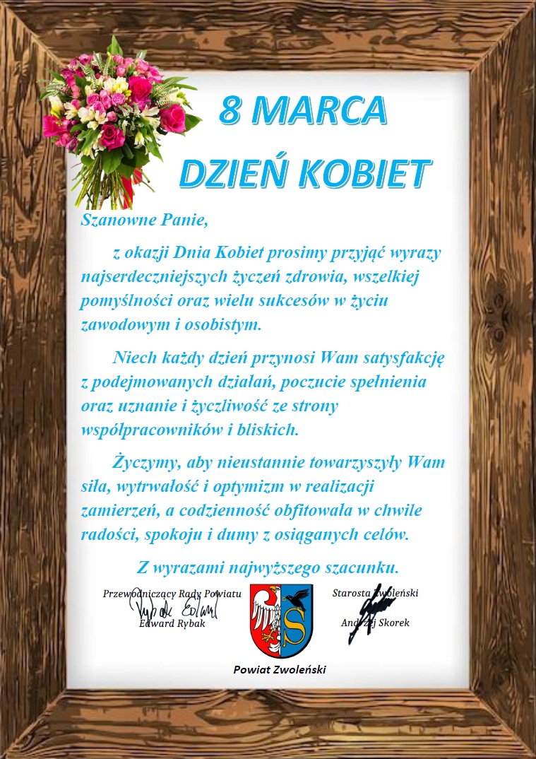 Grafika przedstawia laurkę z życzeniami z okazji dnia kobiet
