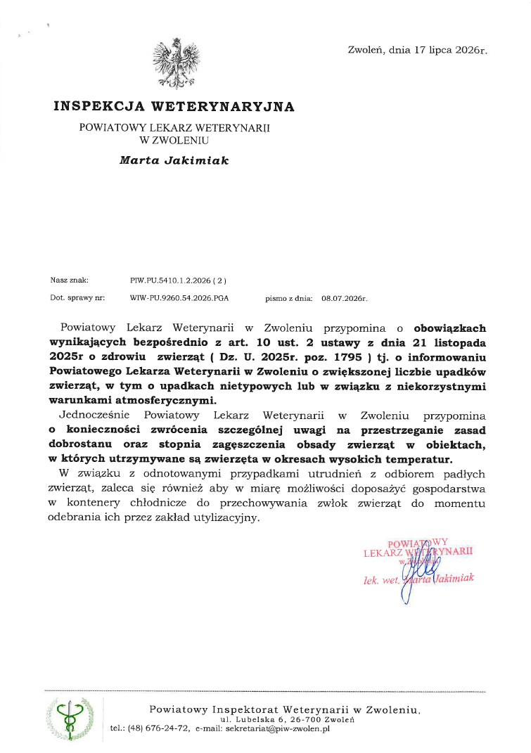Grafika przedstawia Informację Powiatowego Lekarza Weterynarii w Zwoleniu