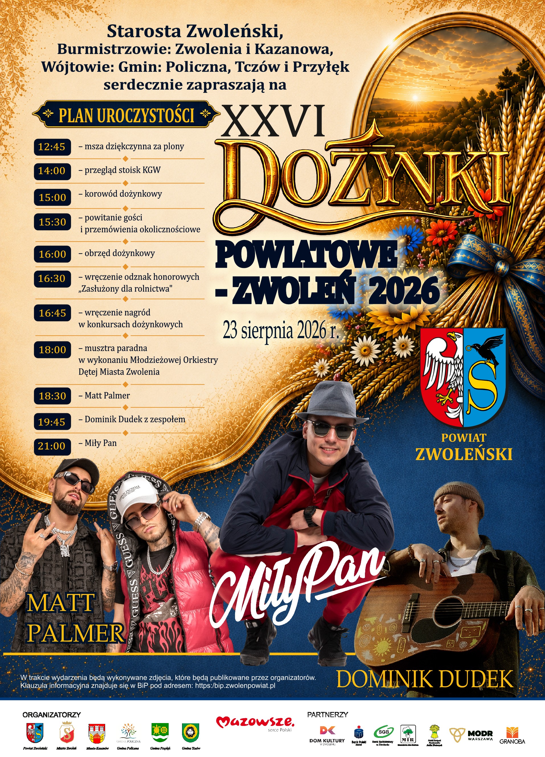 Grafika przedstawia plakat XXVI Dożynek Powiatowych - Zwoleń 2026